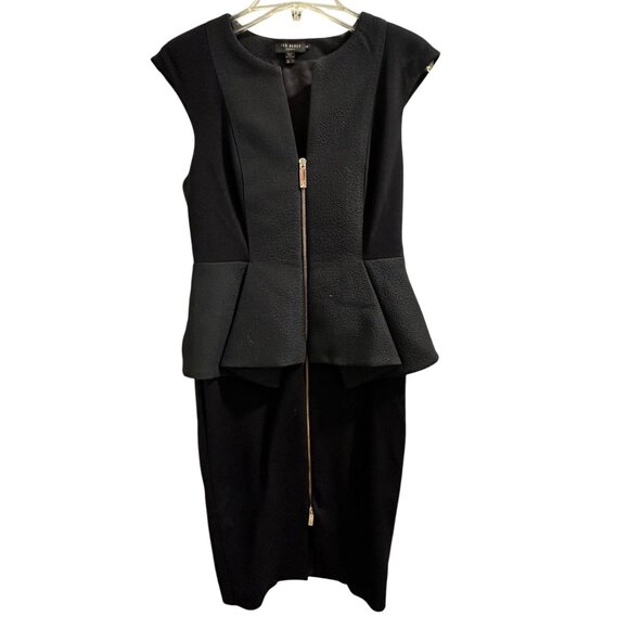 💰BOGO💰 Ted Baker London Black Peplum Dress With Gold Zipper Closure Size 3 - Picture 1 of 7